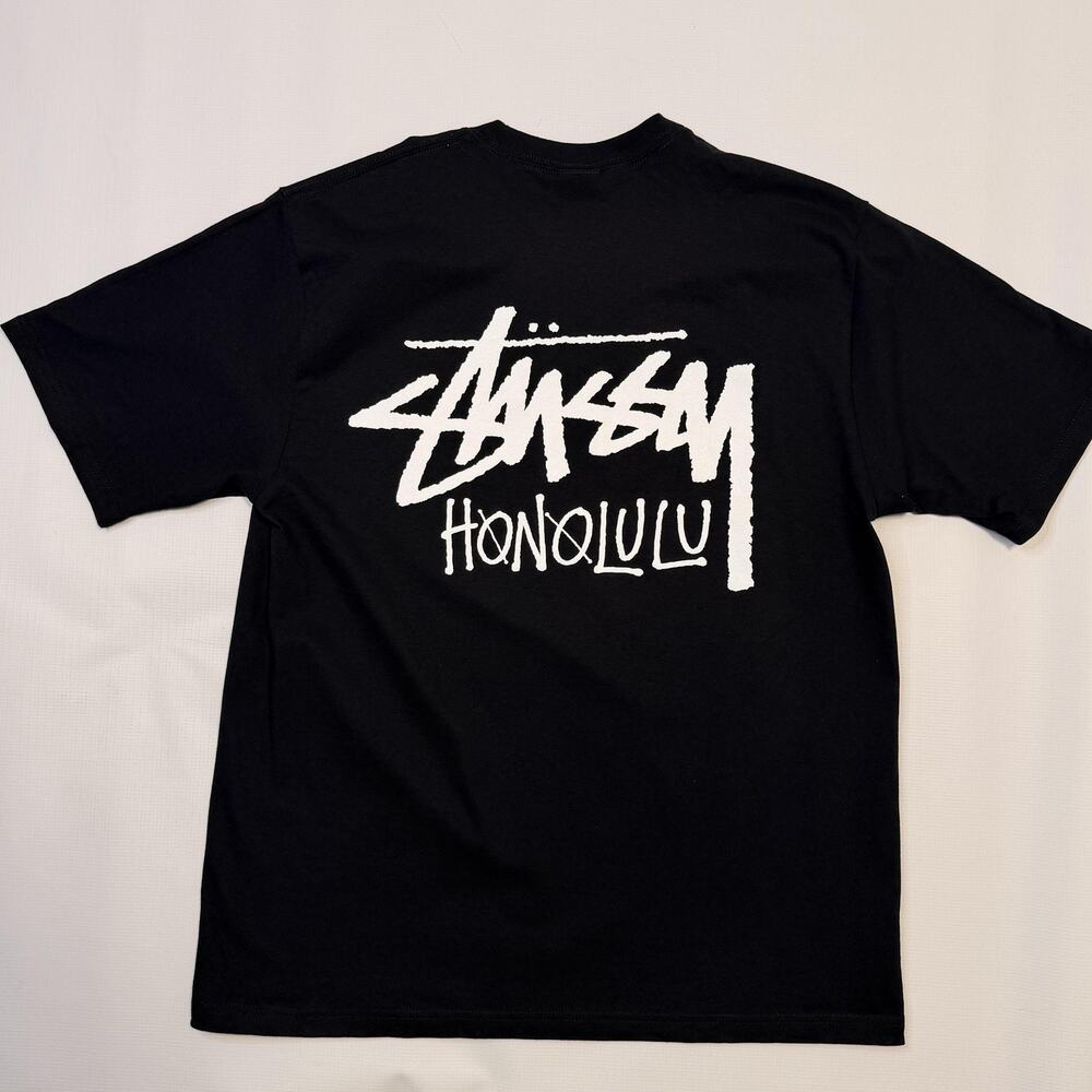 Stussy Shirt Mens Large Black Honolulu Stock Graphic Tee Streetwear Back Print